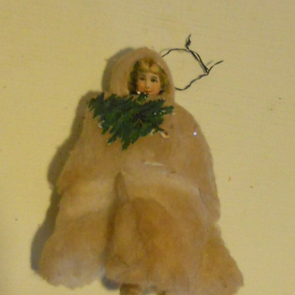 Antique spun cotton christmas ornament, girl with scrap face and feather tree, original antique , Germany, ca 1890-1900