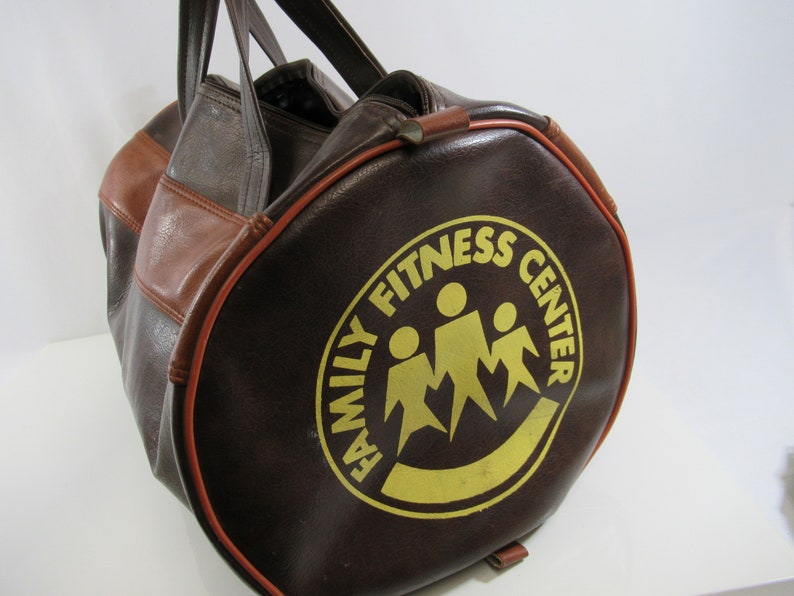 Vinyl Gym Bag Family Fitness Center Retro Duffel Vintage Brown Overnight Bag 1970s