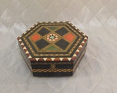 Marquetry Hexagon Music Box Jewelry Chest Wood Inlay Mirrored Vintage