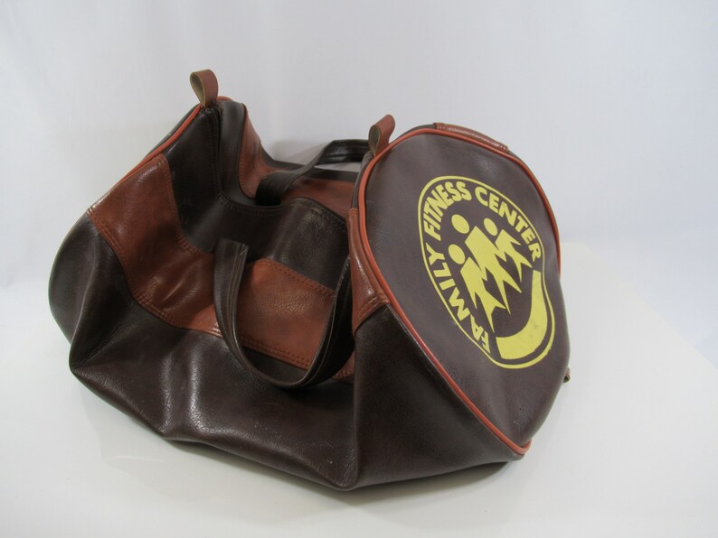 Vinyl Gym Bag Family Fitness Center Retro Duffel Vintage Brown Overnight Bag 1970s