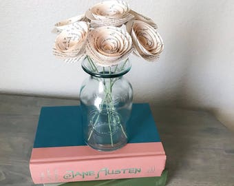 Book Page Flowers - Stemmed Paper Flowers - Book Page Roses - Paper Roses - Wedding - One Year Anniversary - Vintage Themed - Book Themed
