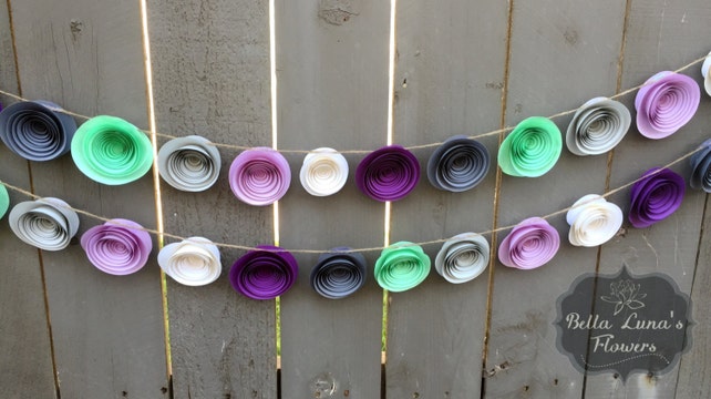 purple paper flower garland gray white mint green paper paper flower garland backdrop