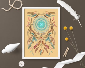 Digital Download Print file / instant download JPG/ Dream catcher tribal artwork with feathers