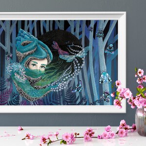 Digital Download Print file / instant download JPG Forest surreal goddess dragonfly, woman, ferns, landscape painting modern nature woodland image 2