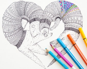 May include: A black and white ink illustration of two ferrets wearing patterned jumpers, positioned to form a heart shape. One section of the jumper is coloured with blue, pink, and yellow. Four coloured pencils in blue, pink, orange, and yellow lie nearby.