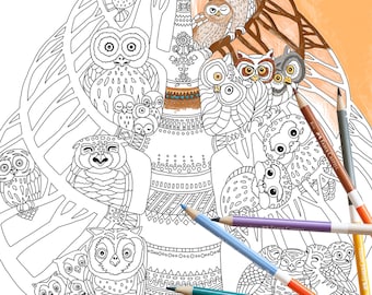 Coloring Page INSTANT DOWNLOAD Owl Tree - Adult Coloring page - bird - owl -owlet - family - tree - nature - forest - Adult coloring book