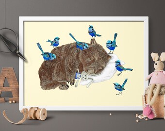 Sleeping wombat with wrens  poster art Digital Download Print file / instant download JPG Australia animal nature bird decor, illustration