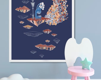 Digital Download Print file / instant download JPG Alien bugaboo and mushrooms Nursery wall art, cute sweet animal, blue