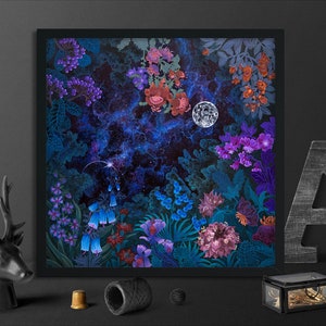 Digital Download Print file / instant download JPG Full Moon Lunar Poster Cosmic Space Celestial / night garden art floral botanical square image 2