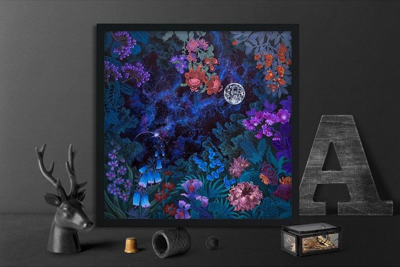 Digital Download Print file / instant download JPG Full Moon Lunar Poster Cosmic Space Celestial / night garden art floral botanical square image 2