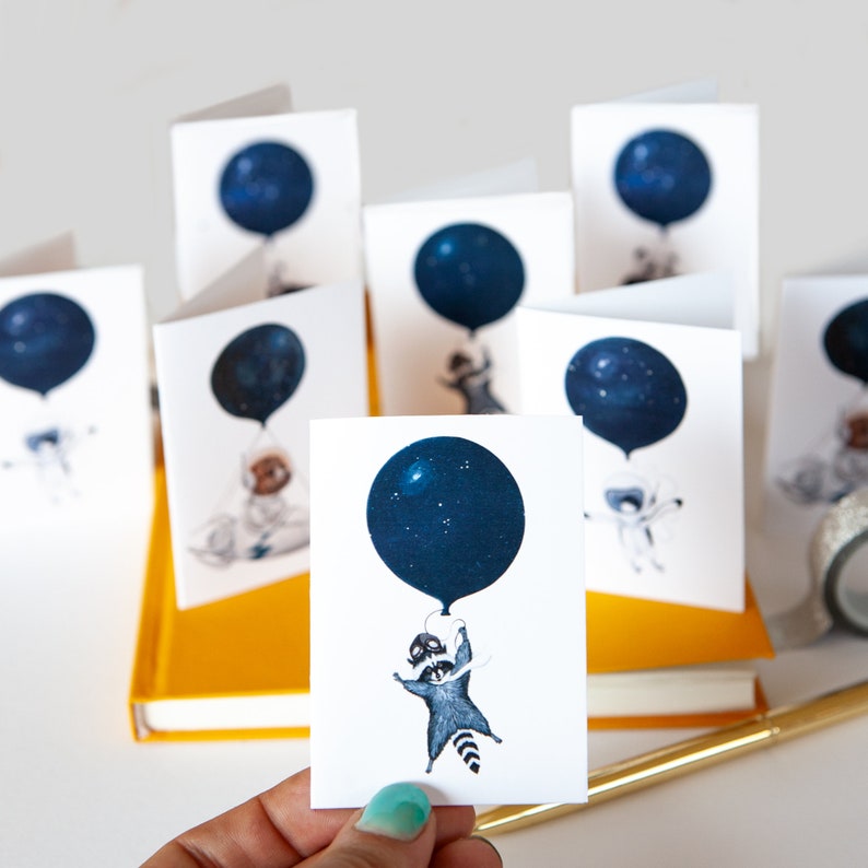 DIGITAL DOWNLOAD Mini Space animals Card set of 4, mini Note cards Panda, Penguin, raccoon, dog image 4