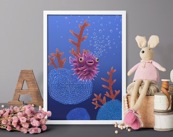 Bubble Fish Underwater marine art Digital Download Print file / instant download JPG / puff fish, fish tank, coral, blue artwork, diving