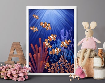 Clown Fishes Underwater marine art Digital Download Print file / instant download JPG aquarium fish, fish tank, coral, blue artwork, diving