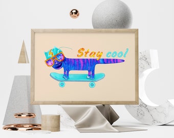 Digital Download Print file / instant download JPG Radical cool CAT, animal, woodland, stay cool, skating board, skater art, for boy