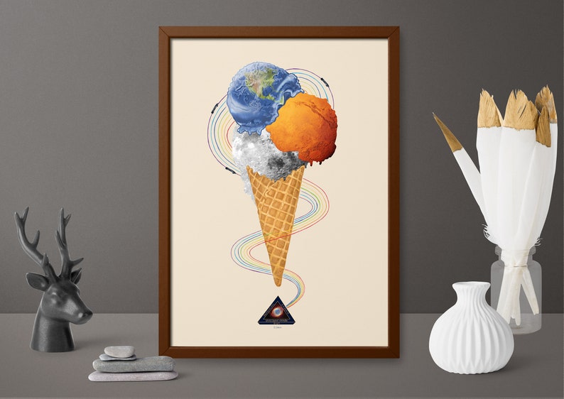 Digital Download Print file / instant download JPG/ Ice cream planets, space, Mars, Moon, Earth, ice-cream cone, rocket, space ship image 1