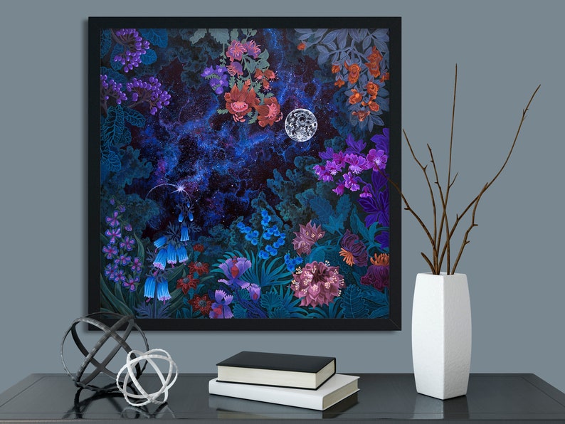 Digital Download Print file / instant download JPG Full Moon Lunar Poster Cosmic Space Celestial / night garden art floral botanical square image 4