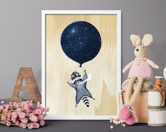 Space Raccoon poster art Digital Download Print file / instant download JPG cute animal nature decor, space illustration, woodland