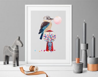 Digital Download Print file / instant download JPG kookaburra baby Nursery wall bird art cute sweet animal gumball machine vintage australia