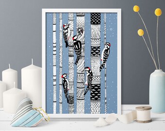 Woodpeckers in the forest poster art Digital Download Print file / instant download JPG nature bird decor, winter blue illustration