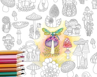 Coloring Page INSTANT DOWNLOAD Mushrooms - Adult Coloring page - nature - Flora - Adult coloring book - Art Therapy Zen coloring