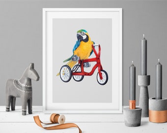 Digital Download Print file / instant download JPG parrot on tricycle baby Nursery wall art cute sweet animal bird on bike, red bycycle