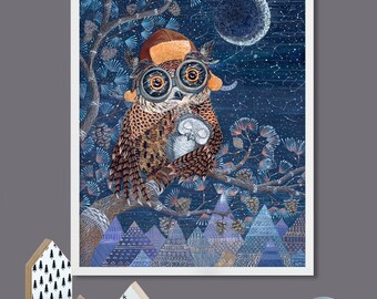 Digital Download Print file / instant download JPG Owl mother & baby owlet, Nursery wall art, cute sweet animal, moon, night, pilot