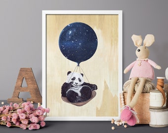 Space Panda poster art Digital Download Print file / instant download JPG cute animal nature decor, space illustration, woodland