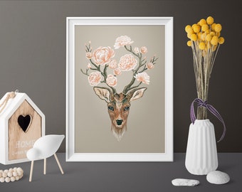 Digital Download Print file / instant download JPG / Deer and peonies floral botanical art