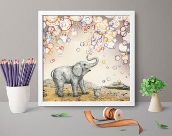 Digital Download Print file / instant download JPG / elephant bubble dreams, animal art, nursery room, square print, nature illustration