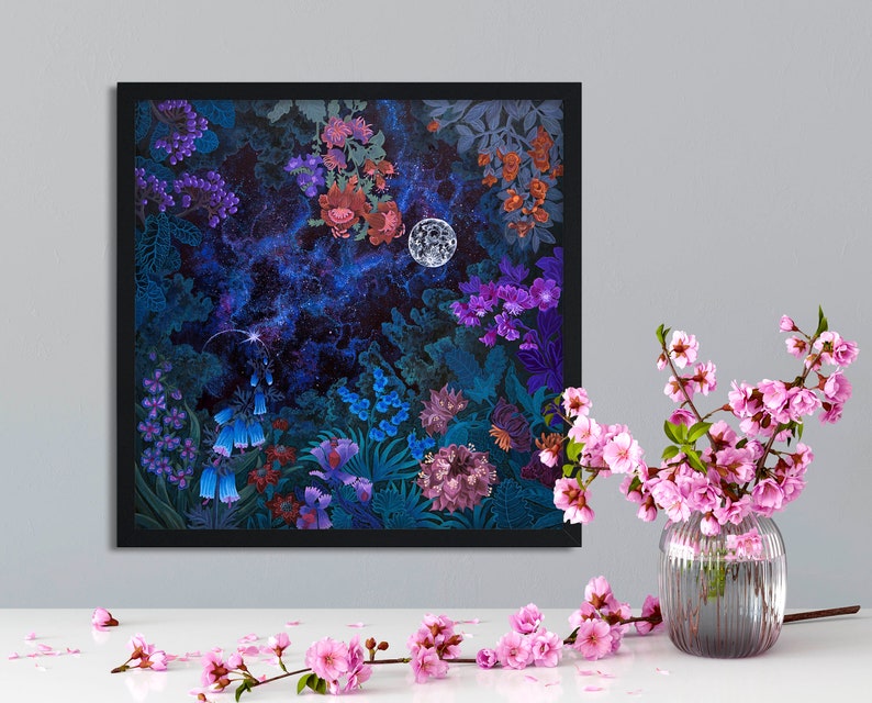 Digital Download Print file / instant download JPG Full Moon Lunar Poster Cosmic Space Celestial / night garden art floral botanical square image 1