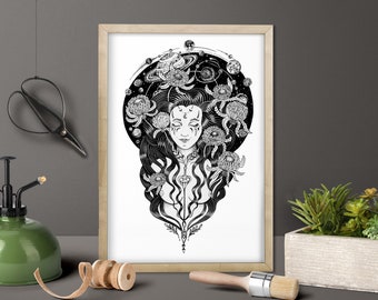 Digital Download Print  file /instant JPG /Space Goddess art poster/Black and white nude woman floral botanical Universe Full Moon Celestial