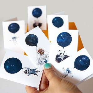 DIGITAL DOWNLOAD Mini Space animals Card set of 4, mini Note cards Panda, Penguin, raccoon, dog image 5