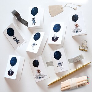 DIGITAL DOWNLOAD Mini Space animals Card set of 4, mini Note cards Panda, Penguin, raccoon, dog image 2
