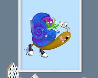 Digital Download Print file / instant download JPG Snail ride, baby Nursery cute sweet animal ladybug grasshopper, car children illustration