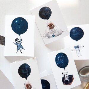 DIGITAL DOWNLOAD Mini Space animals Card set of 4, mini Note cards Panda, Penguin, raccoon, dog image 9
