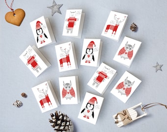 DIGITAL NEDLADDNING Mini julkort set med 4, mini anteckningskort Rådjur, Pingvin, Uggla, Katt Jul