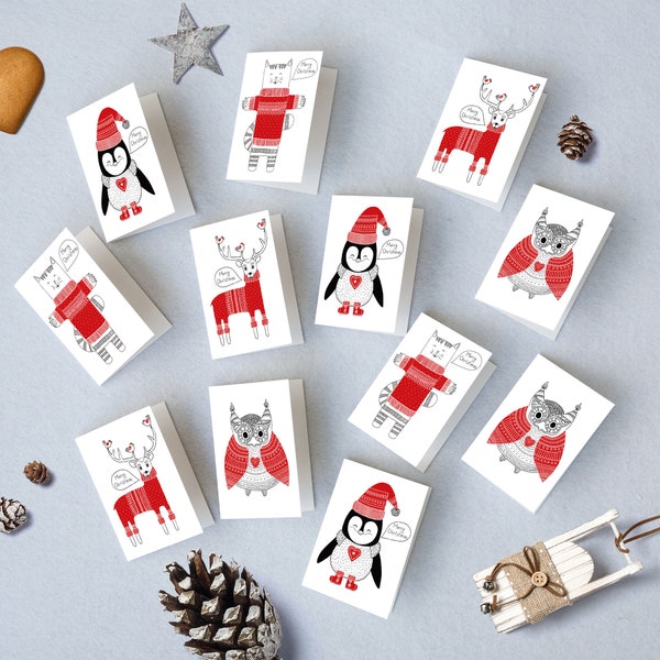 DIGITAL DOWNLOAD Mini Christmas Card set of 4, mini Note cards Deer, Penguin, Owl, Cat Christmas