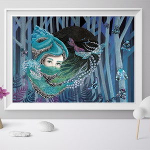 Digital Download Print file / instant download JPG Forest surreal goddess dragonfly, woman, ferns, landscape painting modern nature woodland image 1
