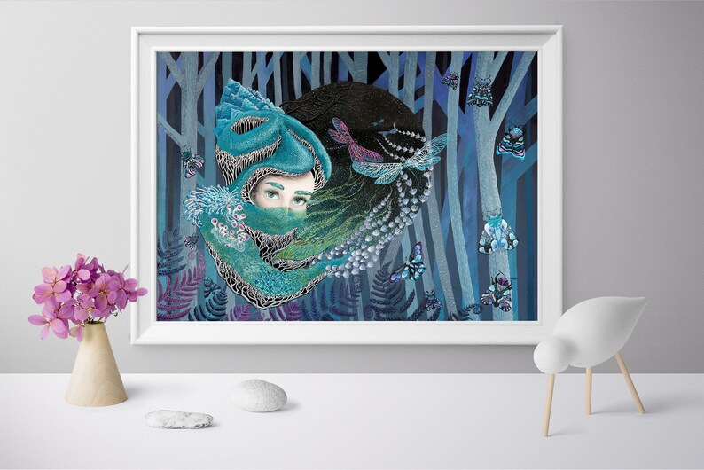 Digital Download Print file / instant download JPG Forest surreal goddess dragonfly, woman, ferns, landscape painting modern nature woodland image 1