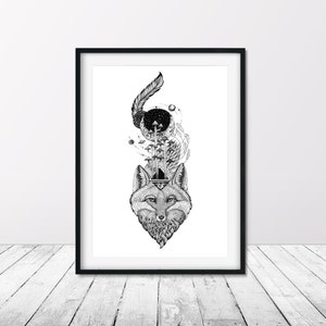 Digital Download Print file / instant download JPG /Space Fox art poster print, Black and white illustration, animal forest tree print image 5