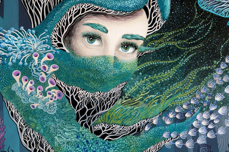 Digital Download Print file / instant download JPG Forest surreal goddess dragonfly, woman, ferns, landscape painting modern nature woodland image 4