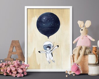 Space Penguin poster art Digital Download Print file / instant download JPG cute animal nature decor, space illustration, woodland