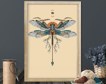 Digital Download Print file / instant download JPG /Dragonfly Tattoo Art PRINT tribal wing floral arrow butterfly feathers bug artwork moon