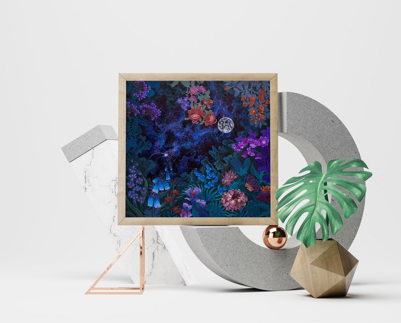 Digital Download Print file / instant download JPG Full Moon Lunar Poster Cosmic Space Celestial / night garden art floral botanical square image 5