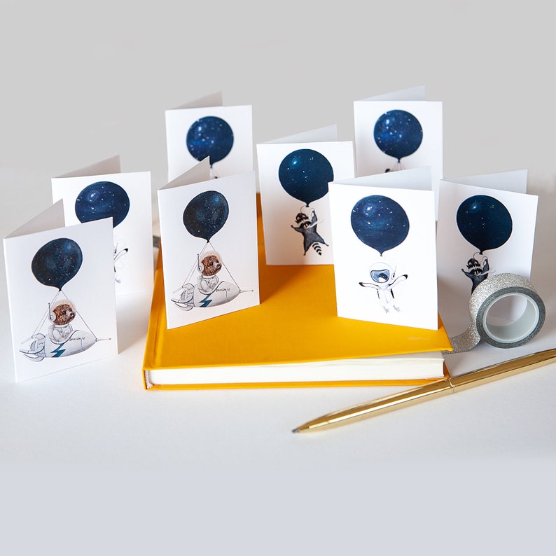 DIGITAL DOWNLOAD Mini Space animals Card set of 4, mini Note cards Panda, Penguin, raccoon, dog image 3