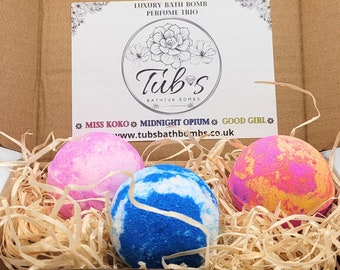 Luxury Perfume Bath Bomb Gift Set Trio Fizzers Mum Mother Bathroom Spa Present Hand Made Hand Crafted Fizz Colourful Scented UK