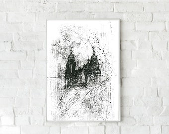 Monoprint Black and White Monochrome Church Poster Print - B&W poster - Contemporary Church Painting Print