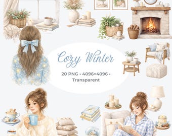 Watercolor Cozy Winter Clipart Bundle, Hygge Home Decor (20 PNG)