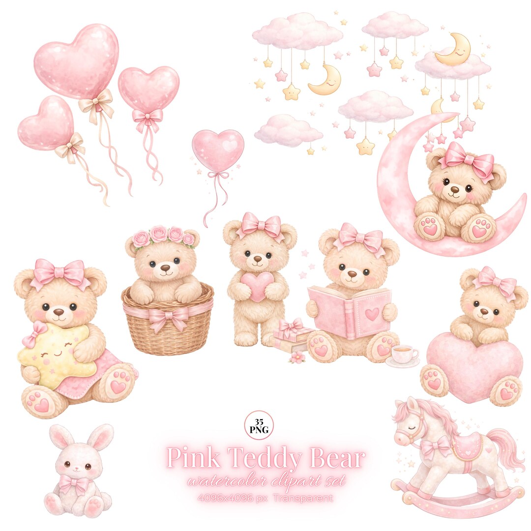 Watercolor Pink Teddy Bear Clipart, Baby Girl Nursery PNG (digital ...