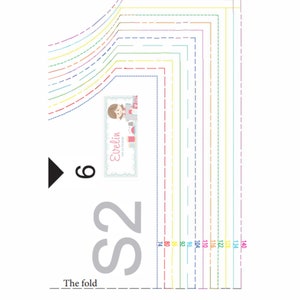 May include: A sewing pattern with a white background, featuring colorful dashed lines and measurements in centimeters. The pattern includes the text "Evelin" and "S2", along with the words "The fold" and the number "9".